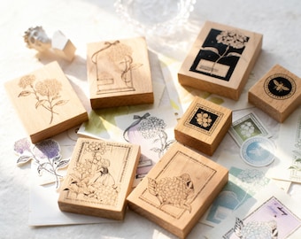 7 Botanical Wooden Stamps: Hydrangea, Bee Badge , Vintage Labels | Handmade for Journals,Cards