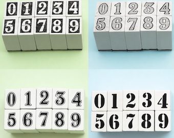 Arabic Number Rubber Stamps – White Blocks, Black Ink, 4 Font Styles