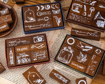 Vintage Handmade Stamps for Journals – Moon, Travel & Nature Themes