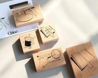 5 Literary Wooden Stamps: Coffee, Book , Pasta | Handmade for Journals, Cards & Thoughtful Reader Gifts