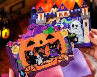 Halloween Pop Up Card 3D Greeting Card, Pumpkin Carriage & Haunted Castle, Spooky Party Invitation, Trick or Treat Gift, Kids Holiday Card