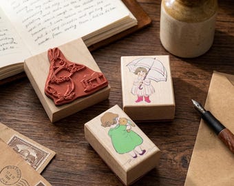 Wood Rubber Stamps: Rabbit, Girl, Hugging Bunny | Whimsical Storybook Crafts