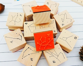 Zodiac Wood Stamp Set – 12 Constellation DIY Craft Stamps for Journals