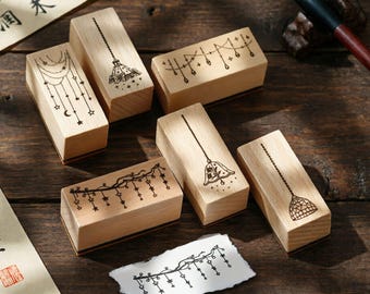 Night Light Wooden Stamp Set for Journaling, Vintage Lamp & Starry Sky Rubber Stamps,DIY Scrapbooking Decoration,Stationery Gift (6 Designs)