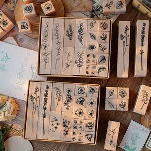 May include: Wooden stamps with botanical illustrations of flowers, leaves, and stems. The stamps are in boxes and individually, with various sizes and shapes. The designs are in black ink on natural wood blocks, ideal for crafting and scrapbooking.