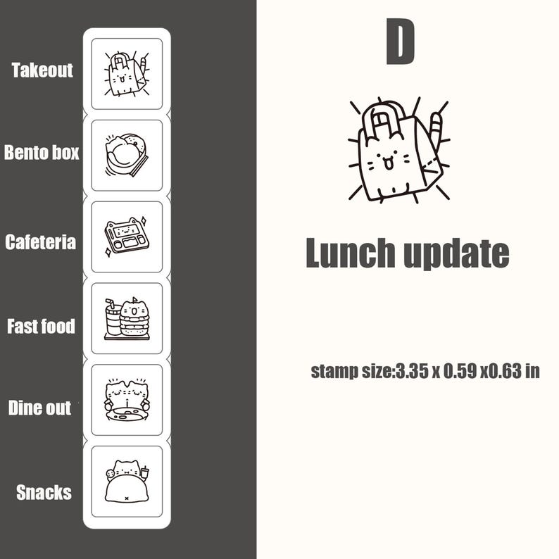 May include: A black and white stamp set labeled D Lunch update, featuring six square icons with cat illustrations and text: Takeout, Bento box, Cafeteria, Fast food, Dine out, and Snacks. The stamp size is listed as 3.35 x 0.59 x 0.63 inches.