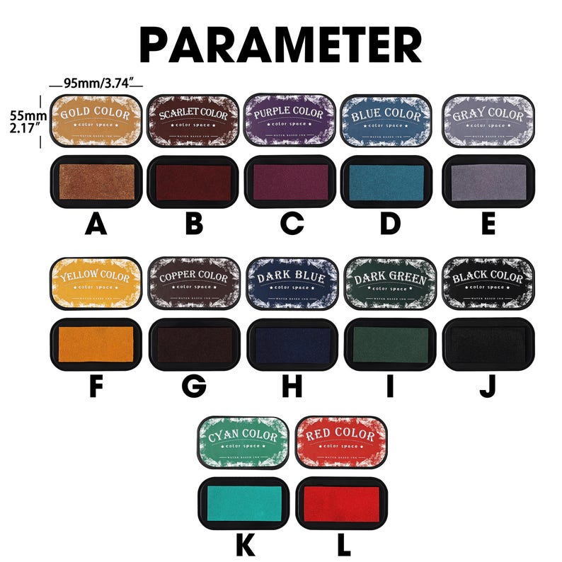 May include: A collection of twelve rectangular ink pads in various colors, including gold, scarlet, purple, blue, gray, yellow, copper, dark blue, dark green, black, cyan, and red. Each pad is labeled with its color name and measures 3.74 inches long and 2.17 inches wide.