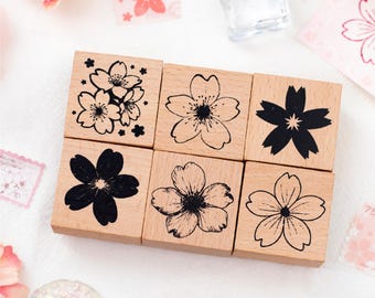 Conjunto de Carimbos de Madeira Românticos com Desenho de Sakura | 6 Peças