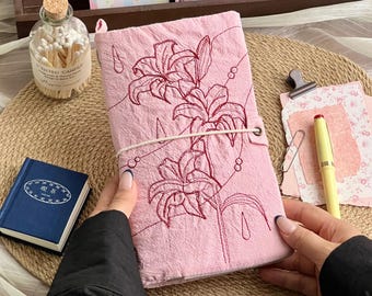 Handmade Embroidered TN Notebook - Pink Rain Lily / Blue Iris, 5.3x9in Traveler’s Journal, Blank or Diary Pages