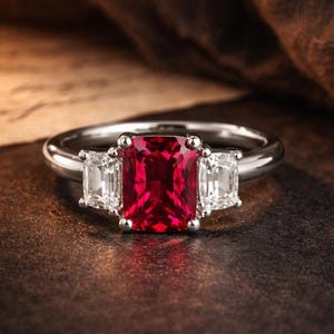 May include: A silver ring featuring a large, rectangular, vibrant red gemstone flanked by two smaller, clear, rectangular gemstones. The ring is set against a dark, textured background, highlighting the brilliance of the stones.