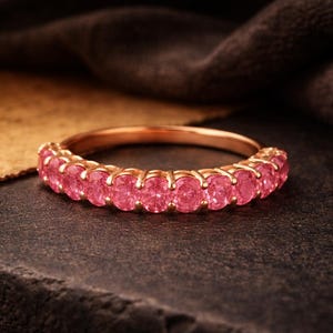 Runde Rubin Diamant halbe Ewigkeit Ehering, Minimalist 925 Sterling Silber Schmuck Band Prong Set Schmuck graviert