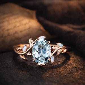 Aquamarine Opal Vine Ring Oval Blue Gemstone Ring Nature Inspired Leaf Engagement Ring Rose Gold Dainty Wedding Band Handmade  Gift Jewelry