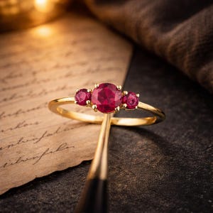 Anello vintage con tre pietre di rubino in oro / Anello con promessa di pietra preziosa rossa / Anello minimalista impilabile in oro / Regalo di anniversario per lei