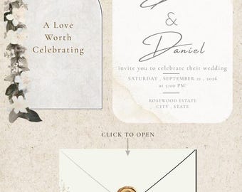 Plantilla elegante para invitaciones de boda, diseño interactivo "Toca para abrir" (Descarga digital)