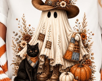 Cowgirl Ghost PNG, Western Halloween Design, Boho Floral Cowgirl Shirt Sublimation Download