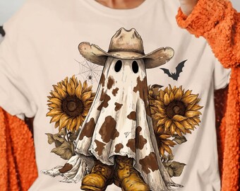 Western Ghost PNG Download, Cow Print Boo Ghost, Cowboy Hat Sunflower Halloween Sublimation Design