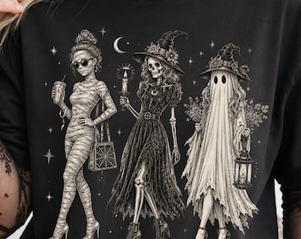 Skeleton Witch Ghost PNG, Vintage Gothic Trio, Spooky Shirt Design