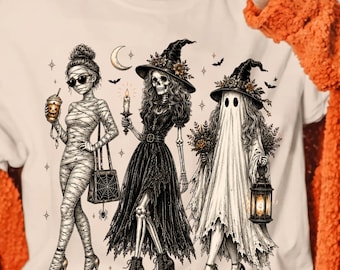 Skeleton Witch Ghost PNG, Vintage Gothic Trio, Halloween Shirt Design