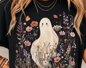 Boho Wildflower Ghost PNG: Vintage Floral Halloween Sublimation Design for Spooky Season Apparel