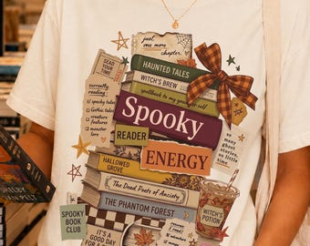 Book Lover PNG Design, Library Shirt with Spooky Reader Energy Vintage Halloween Book Stack