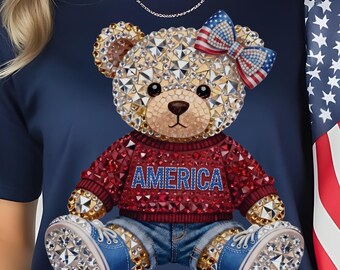 USA Teddy Bear PNG,4th of July,Patriotic Rhinestone American Flag Bow T-Shirt Design