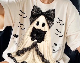 Preppy Ghost Coquette PNG: Black Cat and Lace Bow Girly Halloween Sublimation