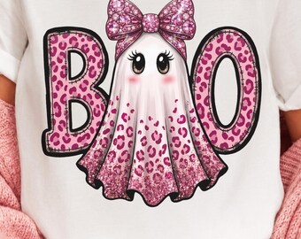 Coquette Ghost PNG, Pink Boo Ghost, Leopard Bow Sublimation Design