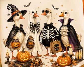 Halloween Goose PNG Funny Skeleton Witch Ghost Sublimation Design