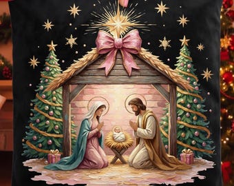 Coquette Nativity Scene PNG, Pink Bow Baby Jesus Manger, Christian Christmas Sublimation
