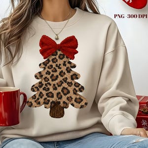 Luipaardkerstboom PNG – rode strik borduurwerk vakantie clipart (digitale download)