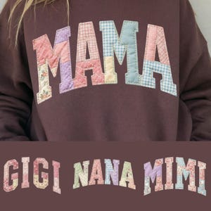 Patchwork Mama PNG Bundle, design per magliette con lettere in tessuto trapuntato e applicazioni