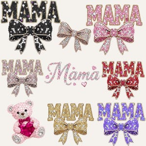 May include: An assortment of bejeweled "MAMA" designs and bow accents. The collection includes a pink teddy bear holding a heart, and bows in various colors like black, pink, red, gold, and purple, all adorned with sparkling embellishments.