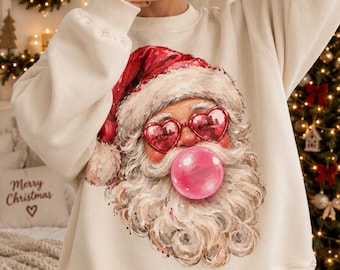Santa Bubble Gum PNG, Heart Glasses Christmas, Impasto Santa Sublimation, Pink Holiday Shirt Design
