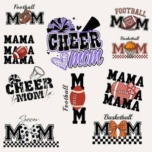 May include: A collection of graphic designs featuring sports-themed text and imagery. Designs include footballs, basketballs, soccer balls, and cheerleading elements, with the words "MOM" and "MAMA" incorporated into the designs.