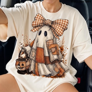 Coquette Patchwork Ghost PNG, herfst Halloween sublimatieontwerp, griezelig seizoen digitale download