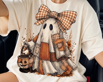 Coquette Patchwork Ghost PNG, Fall Halloween Sublimation Design, Spooky Season Digital Download