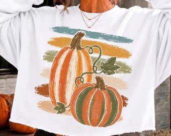 Pumpkin Patch PNG Sublimation, Retro Striped Pumpkins with Distressed Brushstrokes for Shirts