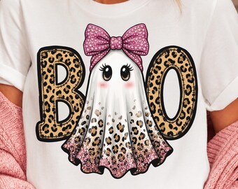 Preppy Leopard Boo Ghost PNG with Pink Bow, Girly Halloween Sublimation Design