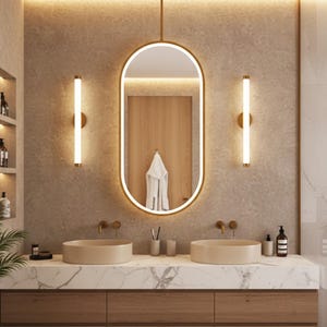 LED-belyst metallramad takspegel, badrumsinredning, modern dekorativ spegel