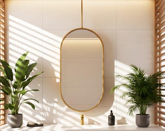 Gold Metal Framed Oval Mirror, Ceiling Mounted Bathroom Decor, Moden Decorative Mirror
