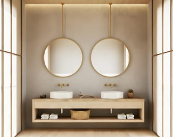 Ceiling Mounted Round Mirror, Modern Hanging Metal Frame Mirror for Bathroom or Vanity