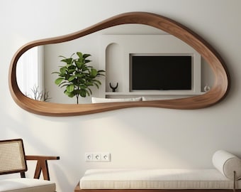 Asymmetrical Design Natural Wood Wall Mirror, Walnut Tree Decor, Irregular Entryway Mirror