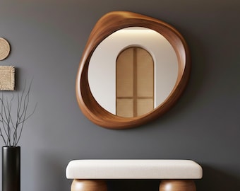 Wooden Mirror for Bench, Handmade Decorative Mirror Made from Walnut Wood, Asymmetrical Wall Design