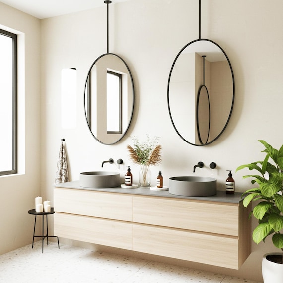 Ellipse Model Ceiling Mounted Metal Framed Mirror, Stainless Steel  Wall Mirror, Modern Bathroom Decor