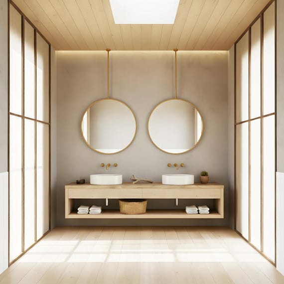 Ceiling Mounted Round Mirror, Modern Hanging Metal Frame Mirror for Bathroom or Vanity