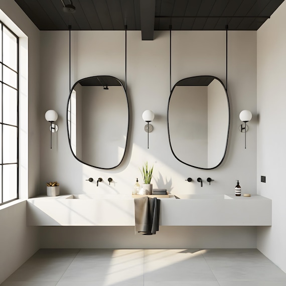 Suspended Ceiling Mirror with Metal Frame, Minimalist Floating Vanity Mirror for Modern Interiors