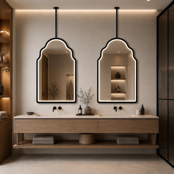 Ceiling Mounted LED Mirror, Metal Frame Hanging Bathroom Vanity, Arched Lighted Design