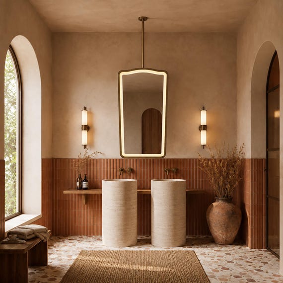 Suspended Lighted Mirror, Ceiling Hanging LED Bathroom Mirror, Modern Vanity Decor
