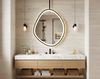 Asymmetrical Design LED Illuminated Metal Bathroom Mirror, Ceiling Mounted Mirror, Luxury Designer Home Project