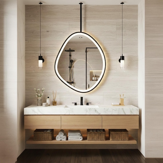 Asymmetrical Design LED Illuminated Metal Bathroom Mirror, Ceiling Mounted Mirror, Luxury Designer Home Project